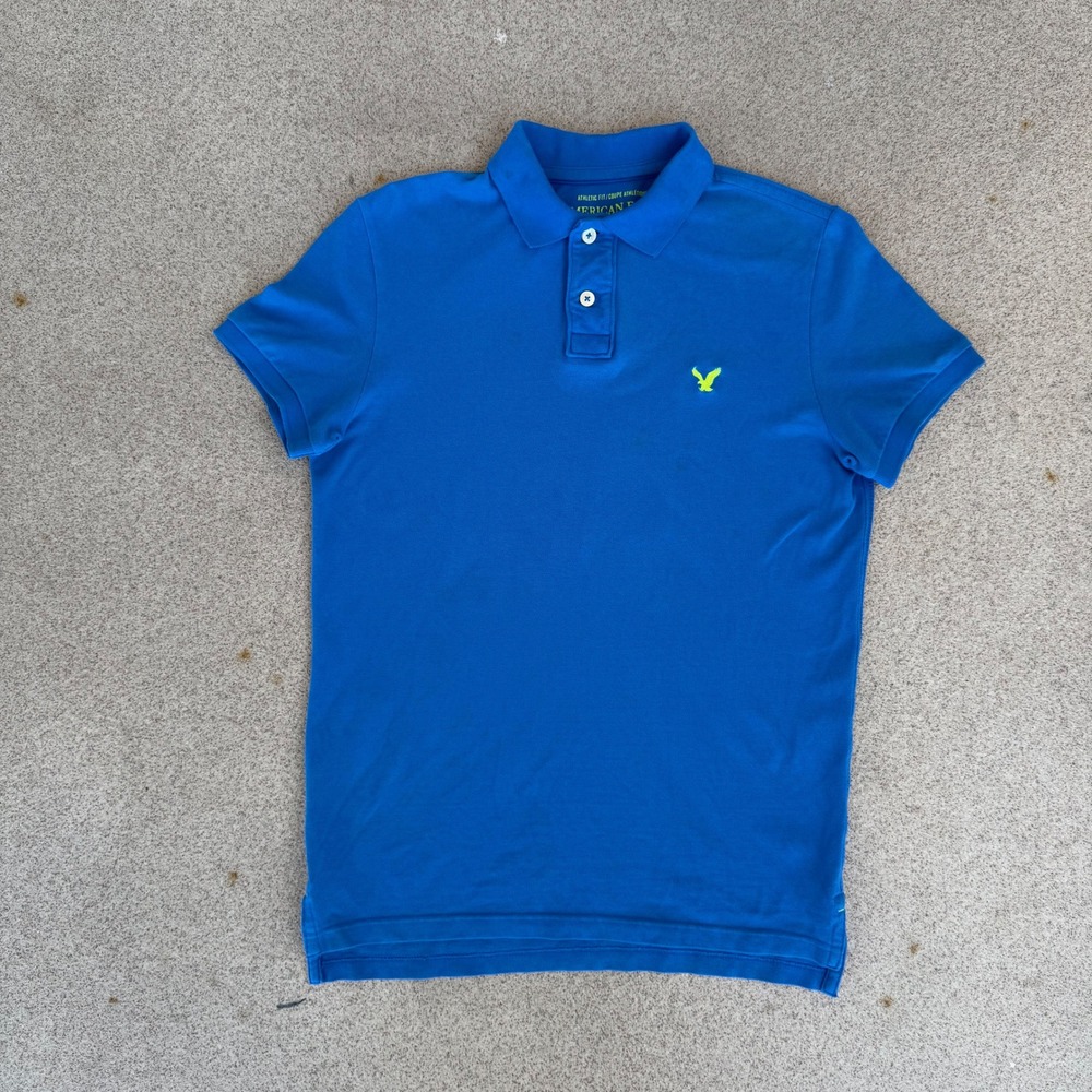 American Eagle Athletic Fit Mens Small Polo Shirt - Blue Tee Neon Yellow Logo